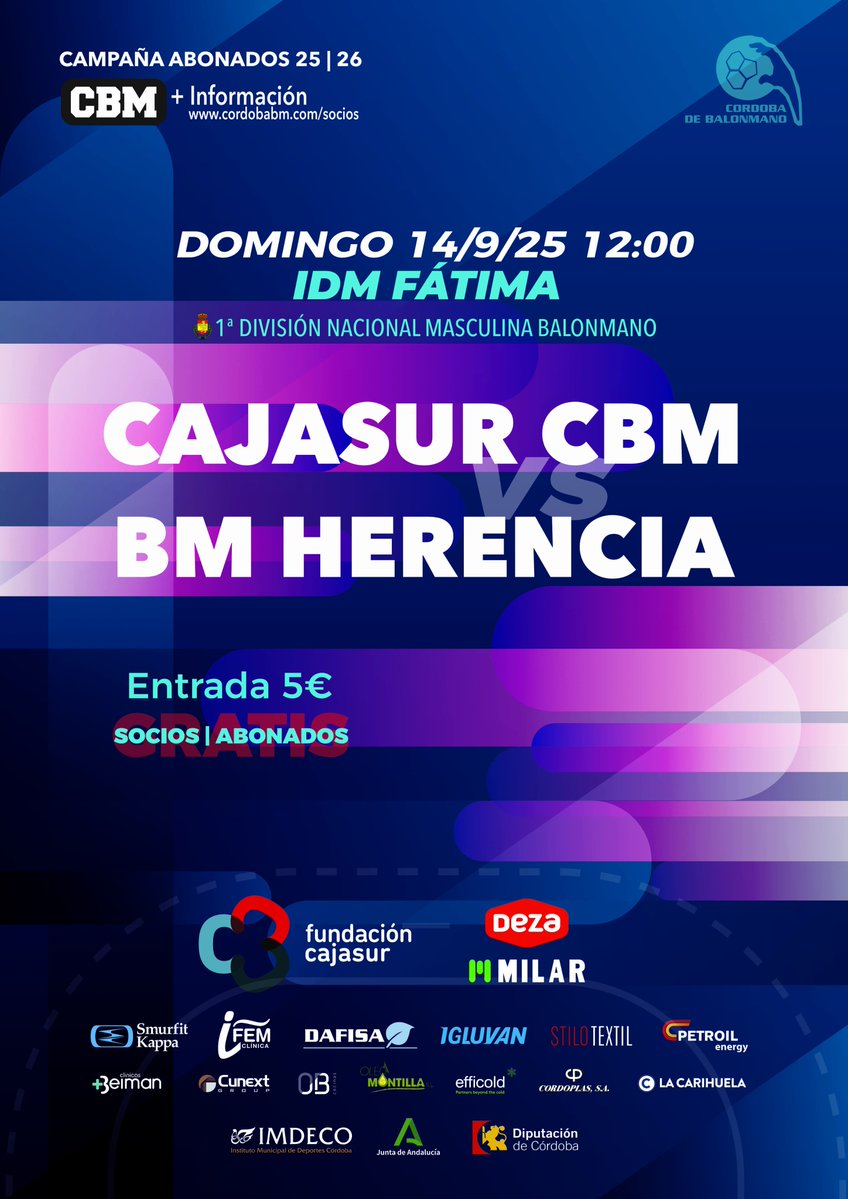 Primer partido de la liga regular para el @FundCajasur CBM, que se estrena en Fátima el domingo (12:00) recibiendo al BM Herencia. Opción de abonarse in situ ¡Te esperamos!

✅ Socio/Abonado: Acceso libre 🆓
✅ Público General: 5⃣ €

#OrgulloGranate