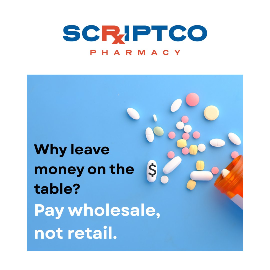 ScriptCoPharm's tweet image. Why leave money on the table when it comes to your prescriptions? 💊
At ScriptCo, you pay wholesale cost for generic meds. 👉 Join today and start keeping more money in your pocket.
#ScriptCo #PrescriptionSavings #AffordableHealthcare #GenericMeds