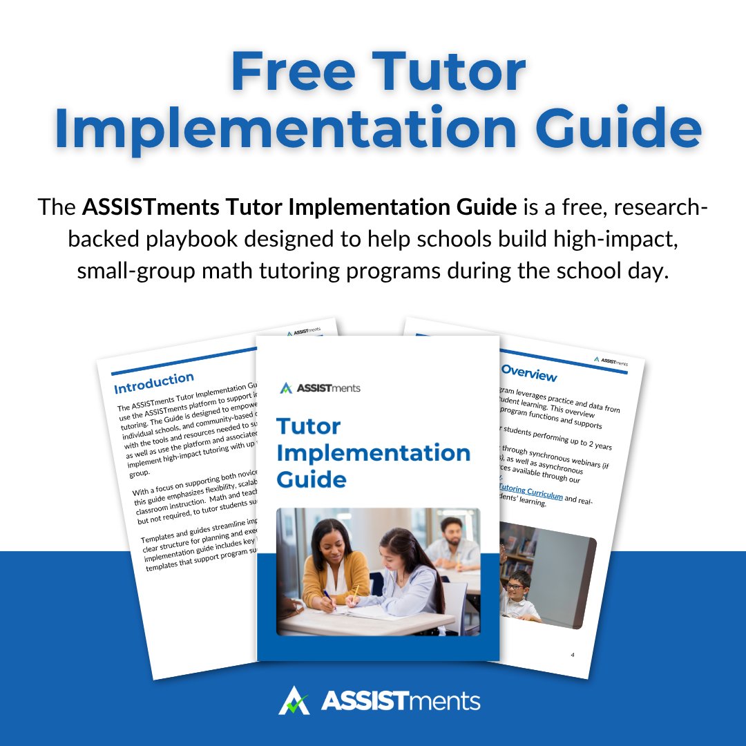 assistments's tweet image. Training, curriculum, tools, and coaching tips—all in one place. The Tutor Implementation Guide is your one-stop resource for launching effective math tutoring programs.
Give it a try - it’s free!
bit.ly/4fuTr3S
#mathtutoring #mathedtech