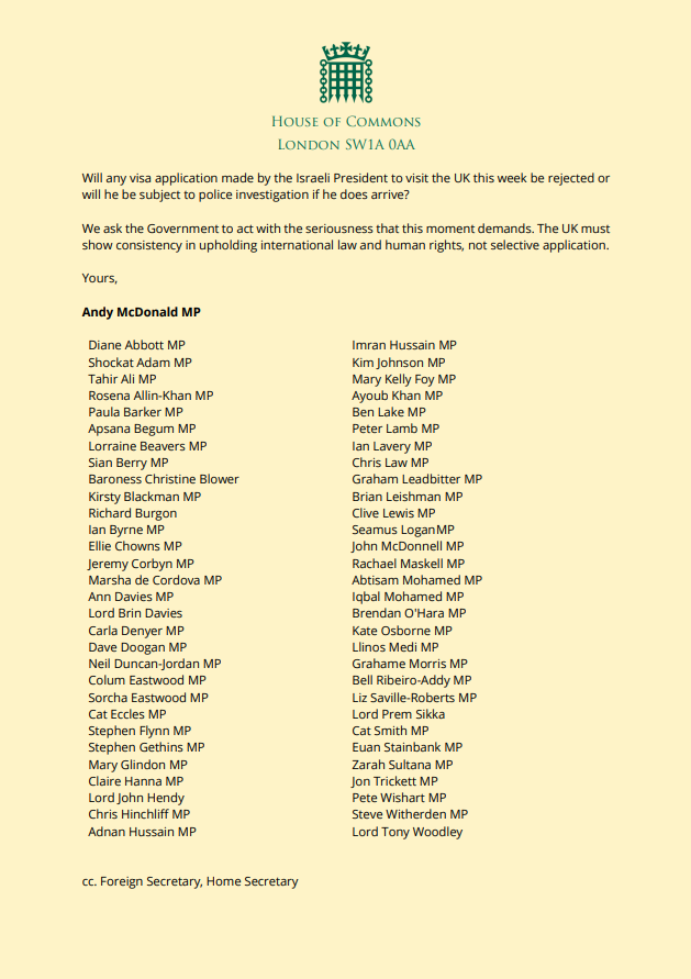 As Israel's President is due, the UK govt refuses to see Israel’s actions in Gaza as genocide. 

We have witnessed hospital destruction, aid blocked and mass killings of Palestinian civilians. 

That's why we have written to the PM - the UK must uphold the Genocide Convention.