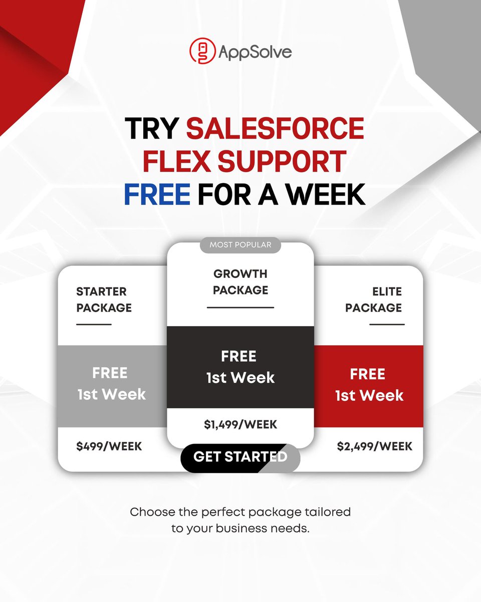app_solve's tweet image. Your first week of Salesforce Flex Support is on us 🚀
Choose Starter, Growth, or Elite—tailored to your business needs.

👉 Claim your free week today: appsolve.com/flex-support-i…

#Salesforce #FlexSupport #CRMsolutions #BusinessGrowth #FreeTrial #AppSolve
