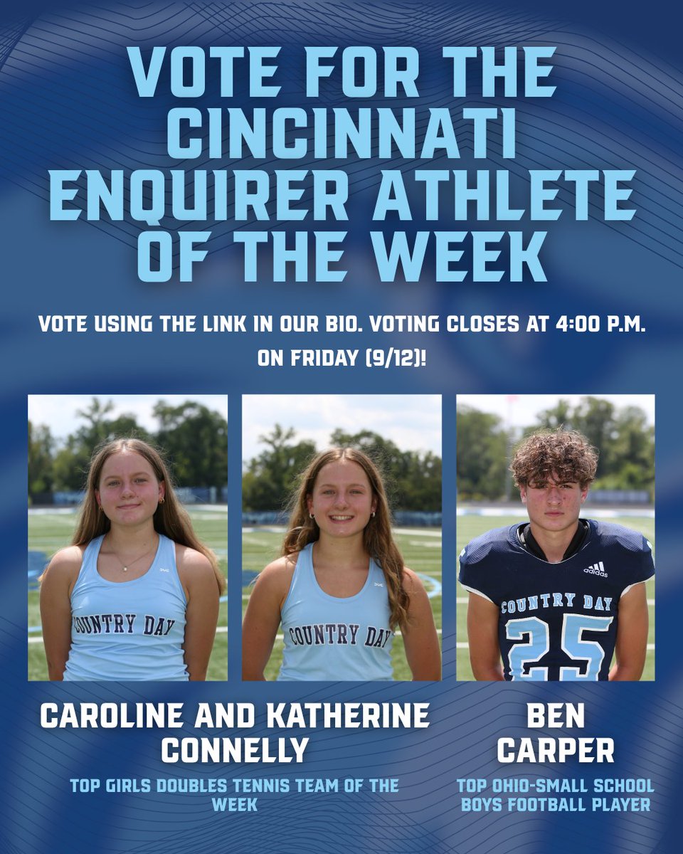 We have three athletes up for the Cincinnati Enquirer Athlete of the Week!

Ben Carper – top Ohio small-school football player of the week

Caroline and Katherine Connelly – top girls doubles tennis team of the week

You can vote every hour until 4 p.m. on Friday!