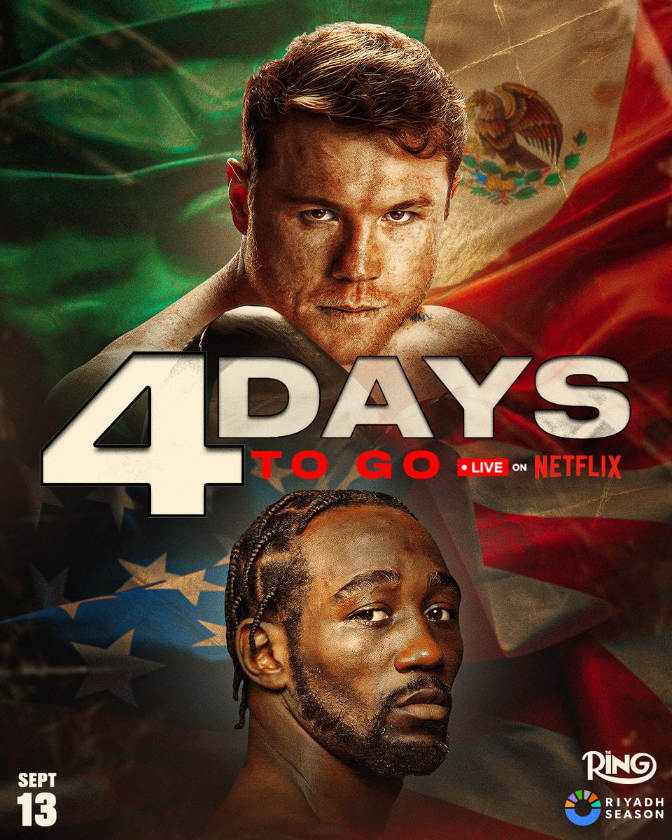 Four days to go until two pound-for-pound kings battle it out for the Ring and undisputed super-middleweight titles 👑 

#CaneloCrawford live on Netflix l #RiyadhSeasonCard | <a href="/RiyadhSeason/">موسم الرياض | Riyadh Season</a> | Sept 13th 🥊