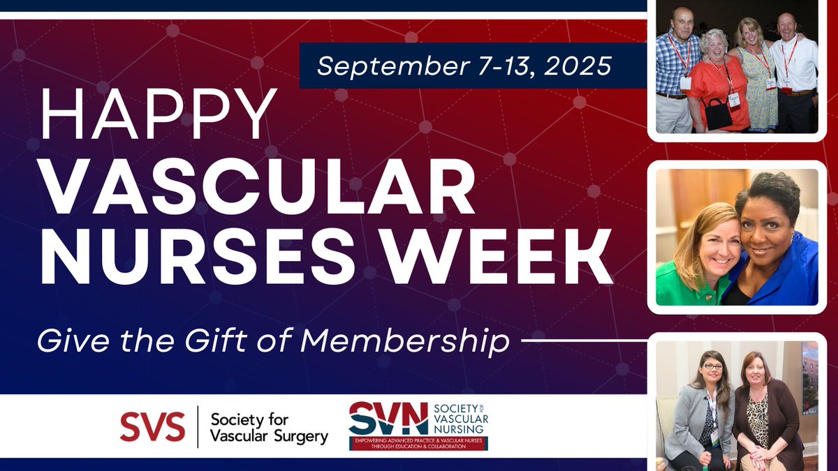 VascularSVS's tweet photo. We're celebrating Vascular Nurses Week! Join us in honoring the incredible dedication &amp; compassion of vascular nurses. SVS members, give the gift of SVN membership this week to show your appreciation. 

Learn more: https://t.co/K1j4CTvy2U 

#VascularNursesWeek #VascSurg @for_svn https://t.co/tpDUhHBxh6