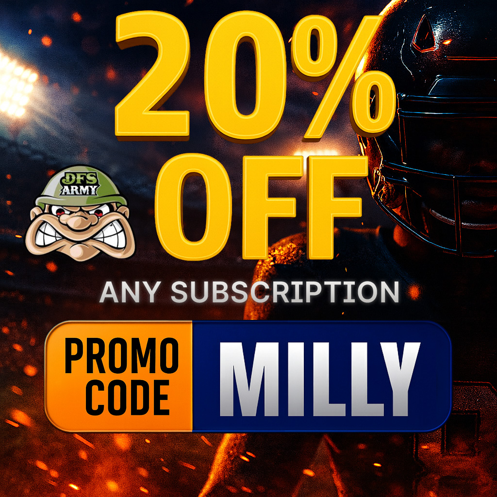 Cash Games aren’t about being perfect, they’re about not being wrong.

✅ Prioritize floor
✅ Fade thin darts

DFS Army teaches you how to build those lineups.

🚨 20% off for life w/ code MILLY.  dfsarmy.com/pricing