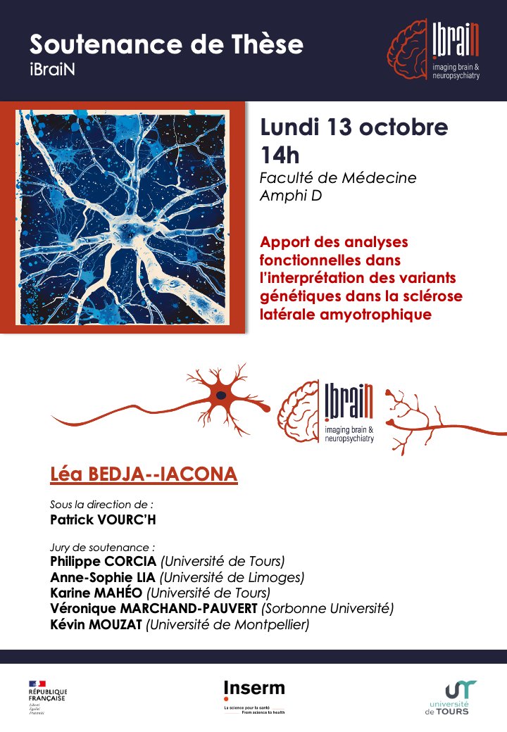 🎓 Soutenance de thèse de Léa Bedja–Iacona

🧬 Analyses fonctionnelles &amp; interprétation des variants génétiques dans la SLA

📅 13 oct., 14h
📍 Faculté de Médecine, Amphi D

#Thèse #ALS #Recherche <a href="/RCValdeLoire/">Région Centre-Val de Loire</a> <a href="/ARSLA75/">ARSLA</a> <a href="/Inserm/">Inserm</a> <a href="/InsermGrdOuest/">Inserm Grand Ouest</a> <a href="/CHRU_Tours/">CHRU de Tours</a>