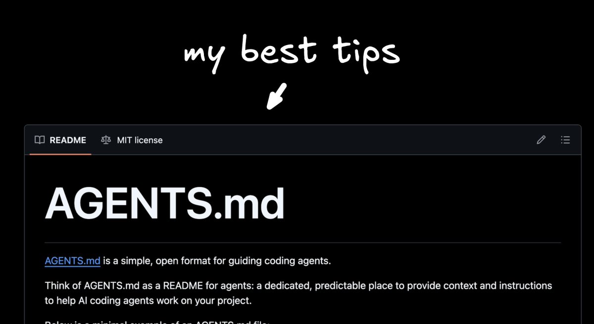Steve8708's tweet image. people wildly underestimate how much an AGENTS .md file improves the output quality of AI generated code
my best tips for writing an effective one (with examples) in reply: