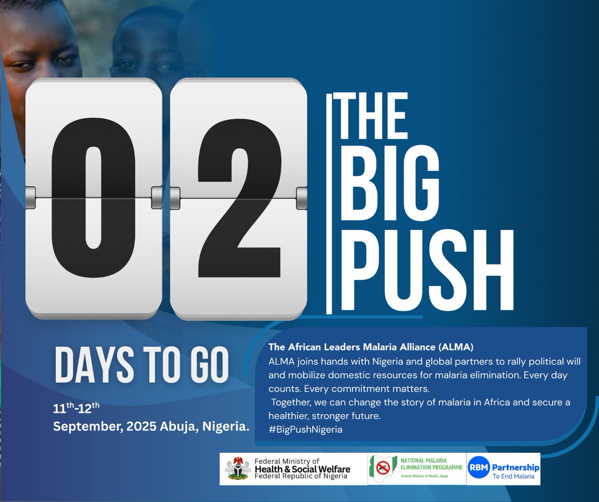 2️ Days to Go – Research &amp; Innovation Partners
Just 2 DAYS! Research institutions and innovators are delivering new medicines, vaccines, and technologies to outpace malaria. Innovation is our weapon. 
#BigPushNigeria 
#InnovationToEndMalaria
<a href="/endmalaria/">RBM Partnership</a> 
<a href="/Fmohnigeria/">Federal Ministry of Health, NIGERIA</a> 
<a href="/WHO/">World Health Organization (WHO)</a>