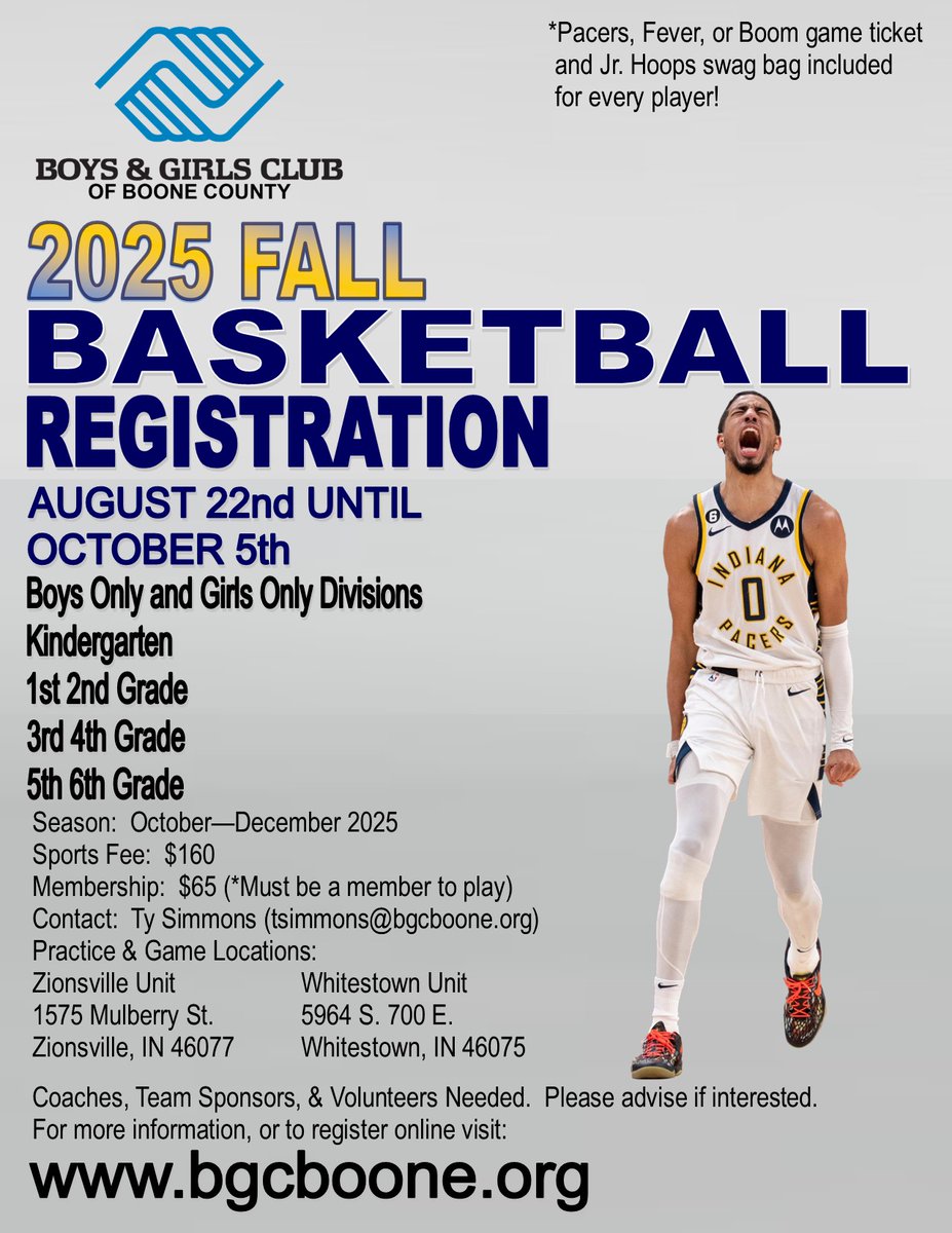 Fall 2025 rec basketball sign-ups are here!   The Boys &amp; Girls Club of Boone County is also thrilled to announce a new partnership with the Indiana Pacers, Fever and Boom for the upcoming 2025 fall basketball season!  bgcboone.org/sports/basketb… #ZCS #Zionsville #Whitestown #Pacers