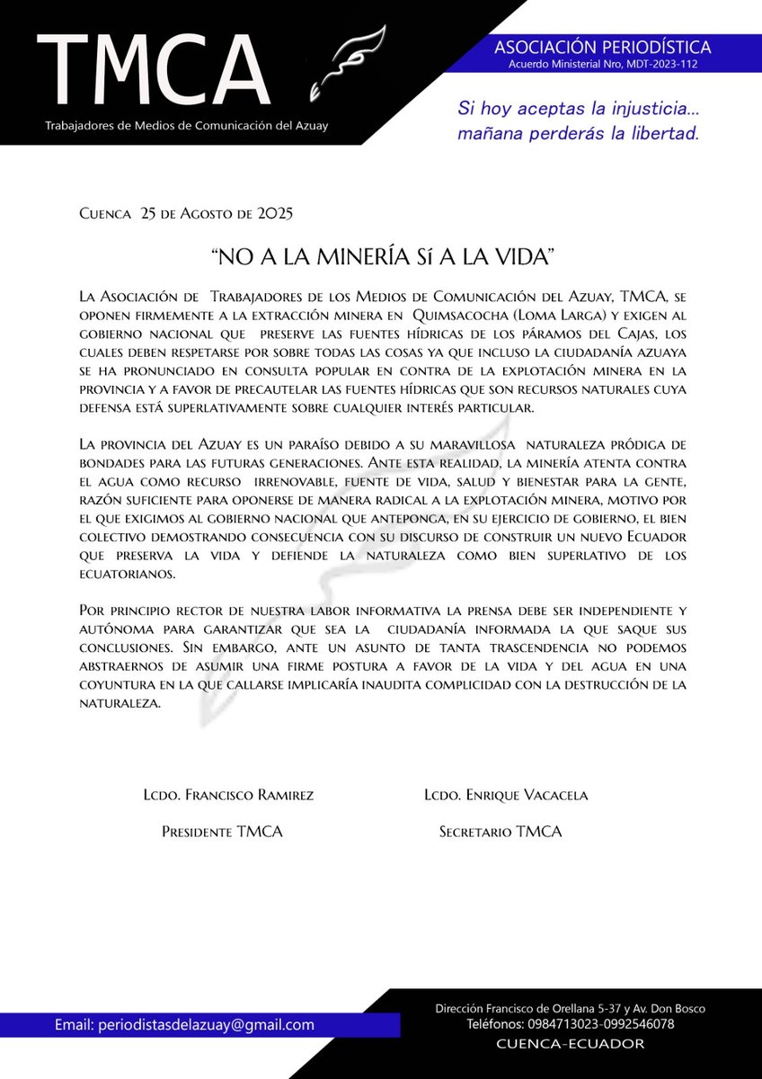 MunicipioCuenca's tweet image. ¡Ya decidimos, NO al extractivismo! 🚫

La Asociación de Trabajadores de Medios de Comunicación del Azuay #TMCA, exigen respeto a la decisión soberana del pueblo del 07 de febrero del 2021 mediante consulta popular.

El agua se defiende. 💧🌿