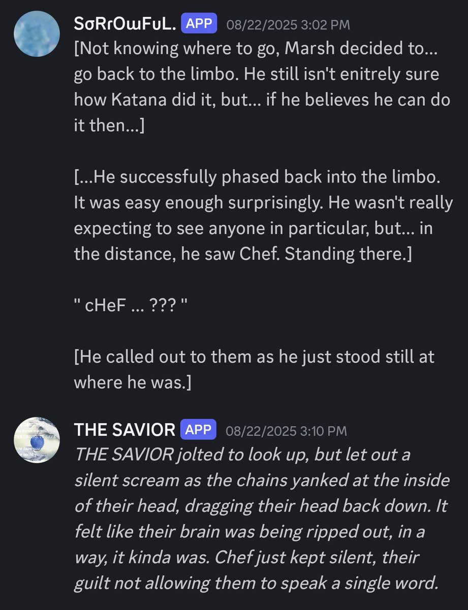 mArSH_sWorD's tweet image. { A MEETING WITH YOUR KILLER. }

{ INTERACTION W/ @Chef_R_Pin }

{ LIMBO }