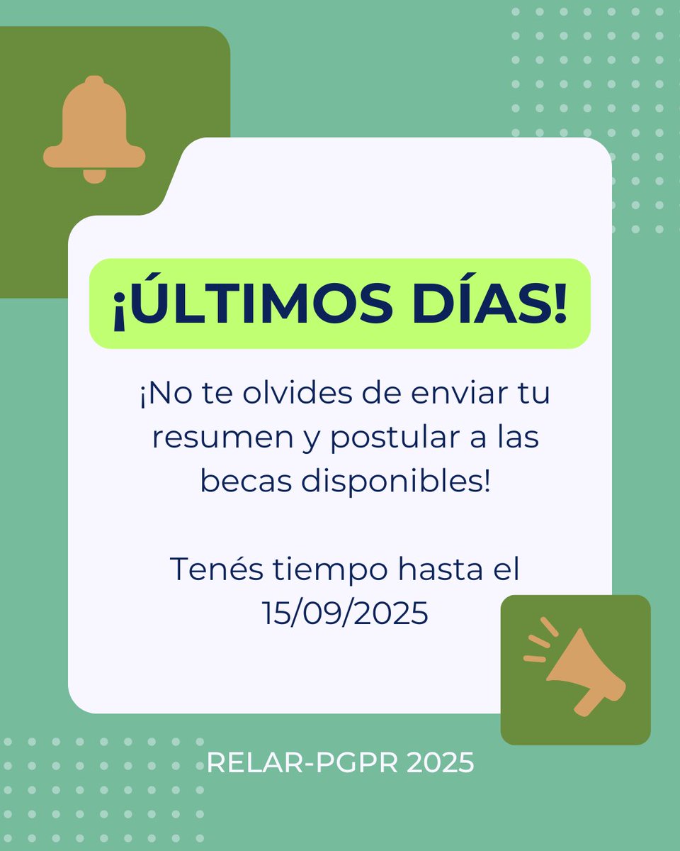 📢 ¡Últimos días!
Enviá tu resumen y postulá a las becas disponibles para RELAR-PGPR 2025.

🗓️ Fecha de cierre: 15/09/2025

¡No te quedes afuera!

Más información en nuestra web: relar2025.alaronline.org