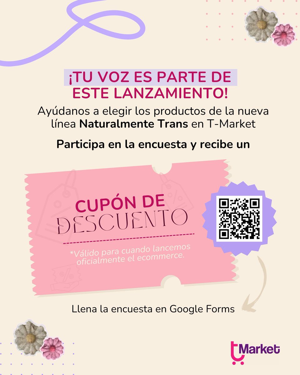 ¿Compras productos que expresen tu orgullo🌈?
En la Fundación GAAT y #TMarket queremos crear una línea  de productos pensada en ti🏳️‍⚧️. Cuéntanos qué productos te gustaría encontrar y recibe un cupón de descuento🎟️.

📲 Cuéntanos en esta encuesta → forms.gle/w8fbQRqGXfasNt…