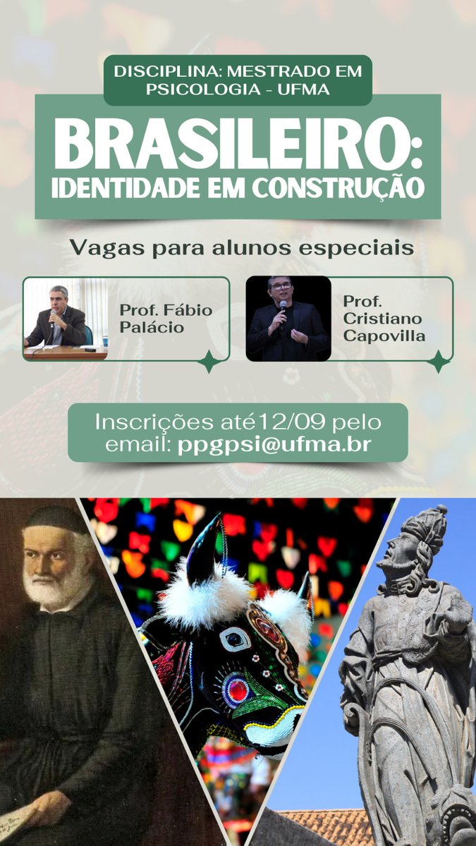 Disciplina presencial que vou ministrar neste semestre, em parceira com <a href="/CapovillaLuz/">Cristiano Capovilla</a>, no Mestrado em Psicologia da <a href="/UFMAoficial/">UFMA</a>. Abrimos 15 vagas para alunos especiais - o único requisito é ter concluído curso de graduação. Inscrições até o próximo dia 12
