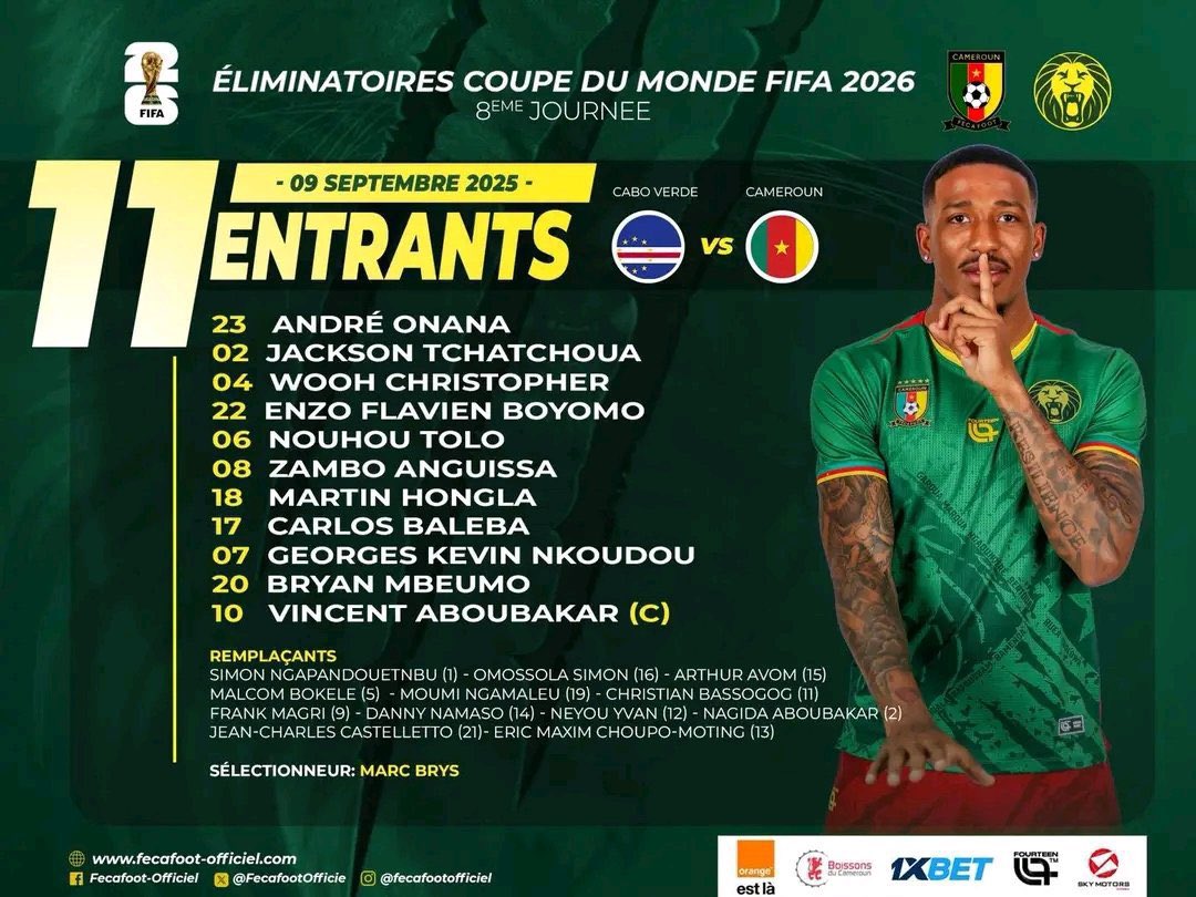 Onana, Baleba, Mbeumo start in a must-win game for Cameroon against Cape Verde