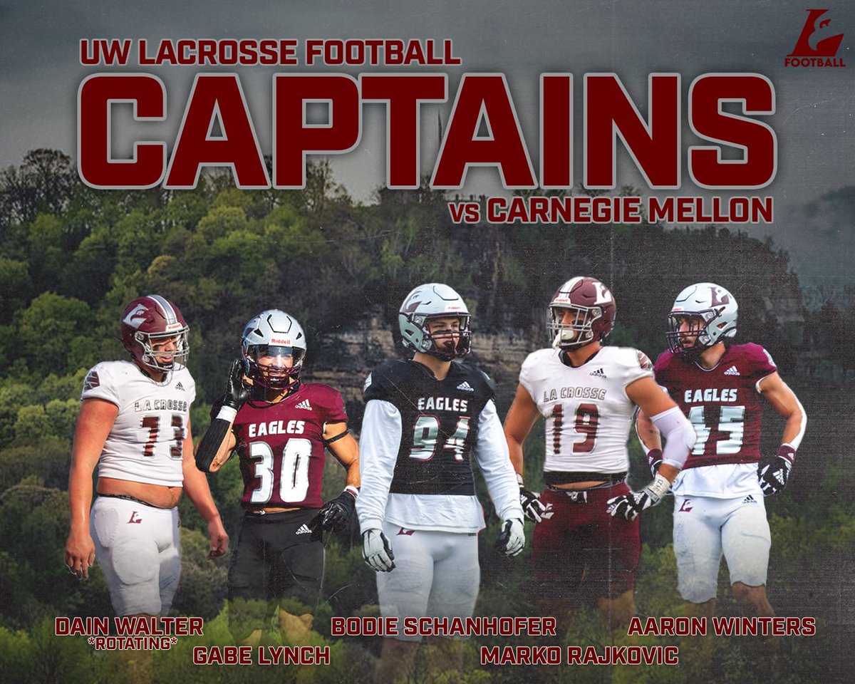 Introducing our captains this week on the road! 

🦅 Gabe Lynch (RB, Sr.)
🏈 Marko Rajkovic (TE, Sr.)
🦅 Aaron Winters (LB, Sr.)
🏈 Bodie Schanhofer (DL, Sr.)
🦅 Dain Walter (OL, Sr.) *ROTATING*

#TheExperience #d3fb