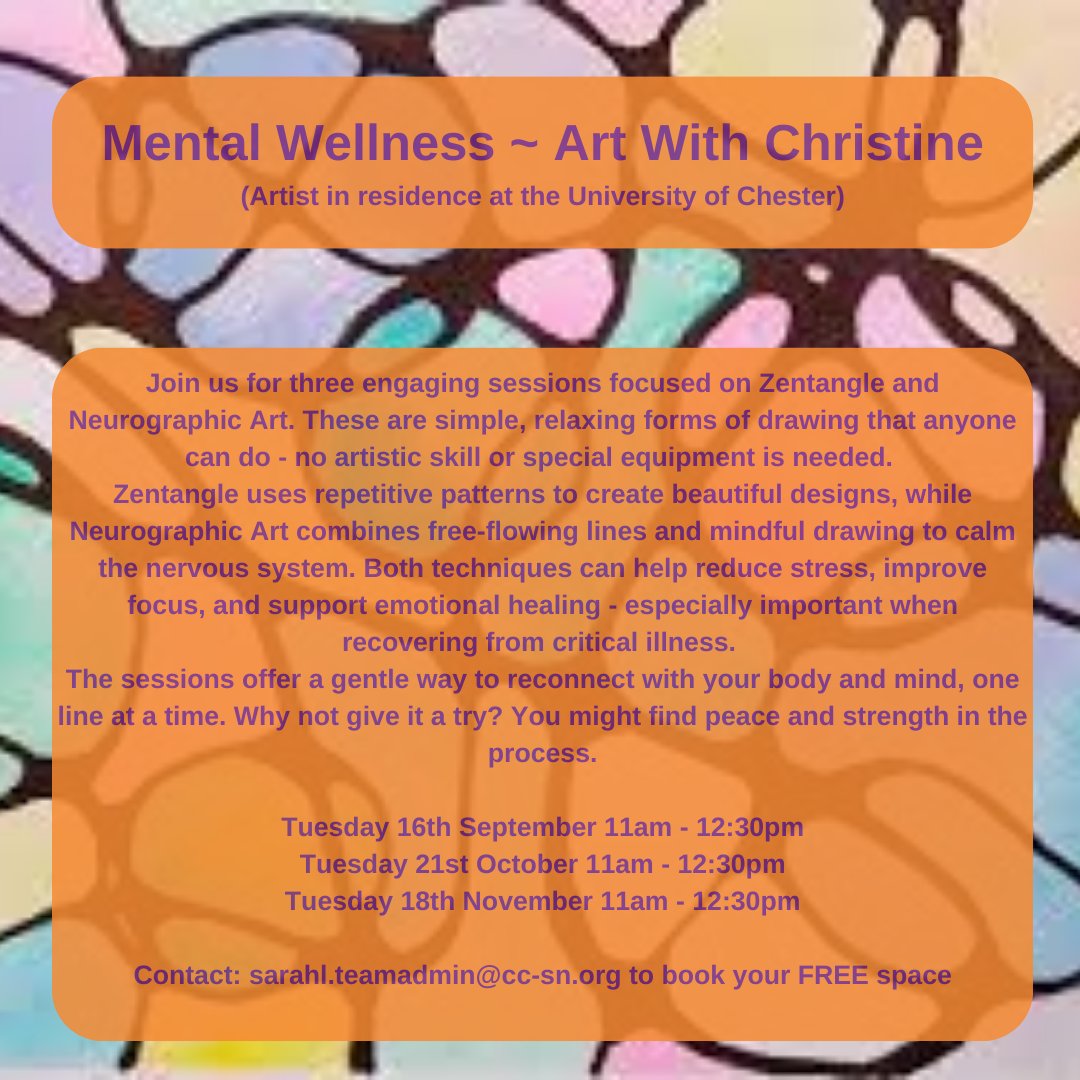 We've got more great art sessions with Christine planned for the coming months
Sessions are FREE but you will need to book your place
by emailing info@cc-sn.org