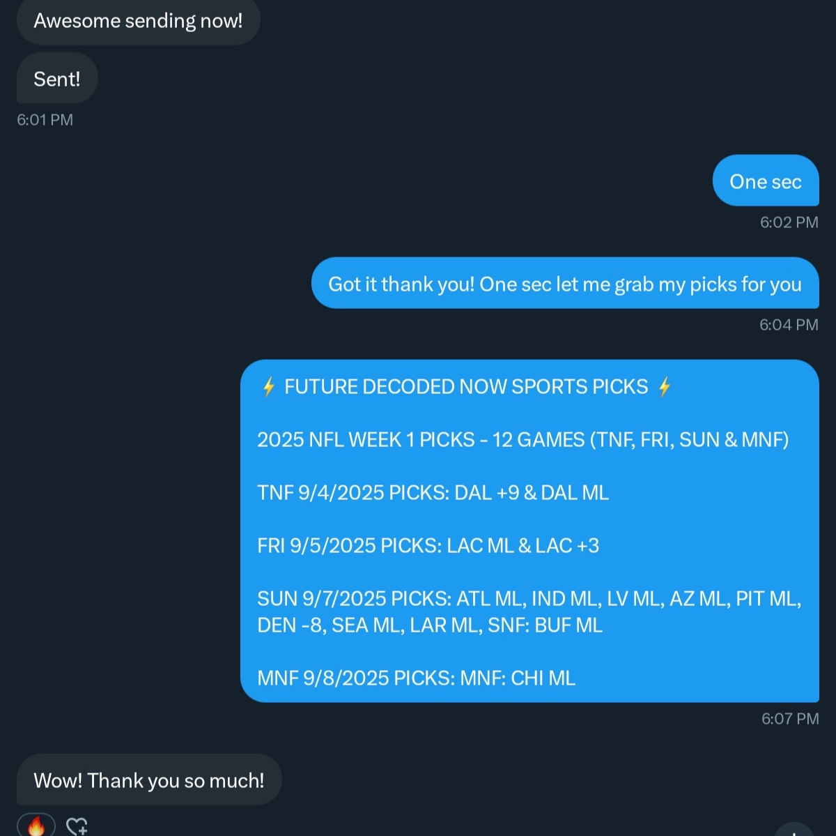 future_decoded's tweet image. 9 OF 13 (69%) W/ A PUSH ↔️ IN WEEK 1 OF THE NFL!🔥

STRAIGHT BETTING EACH PLAY = AUTOMATIC PROFIT!

CAUGHT ONTO 3 OF THE UPSETS THIS WEEK AS WELL !🔥🔥🔥

#NFL #NFLPICKS #NFLWEEK1 #PICKS #SPORTSBETTING #SPORTSGAMBLING #SPORTSPICKS #DRAFTKINGS #FANDUEL #BETTING #FOOTBALL #TNF #MNF