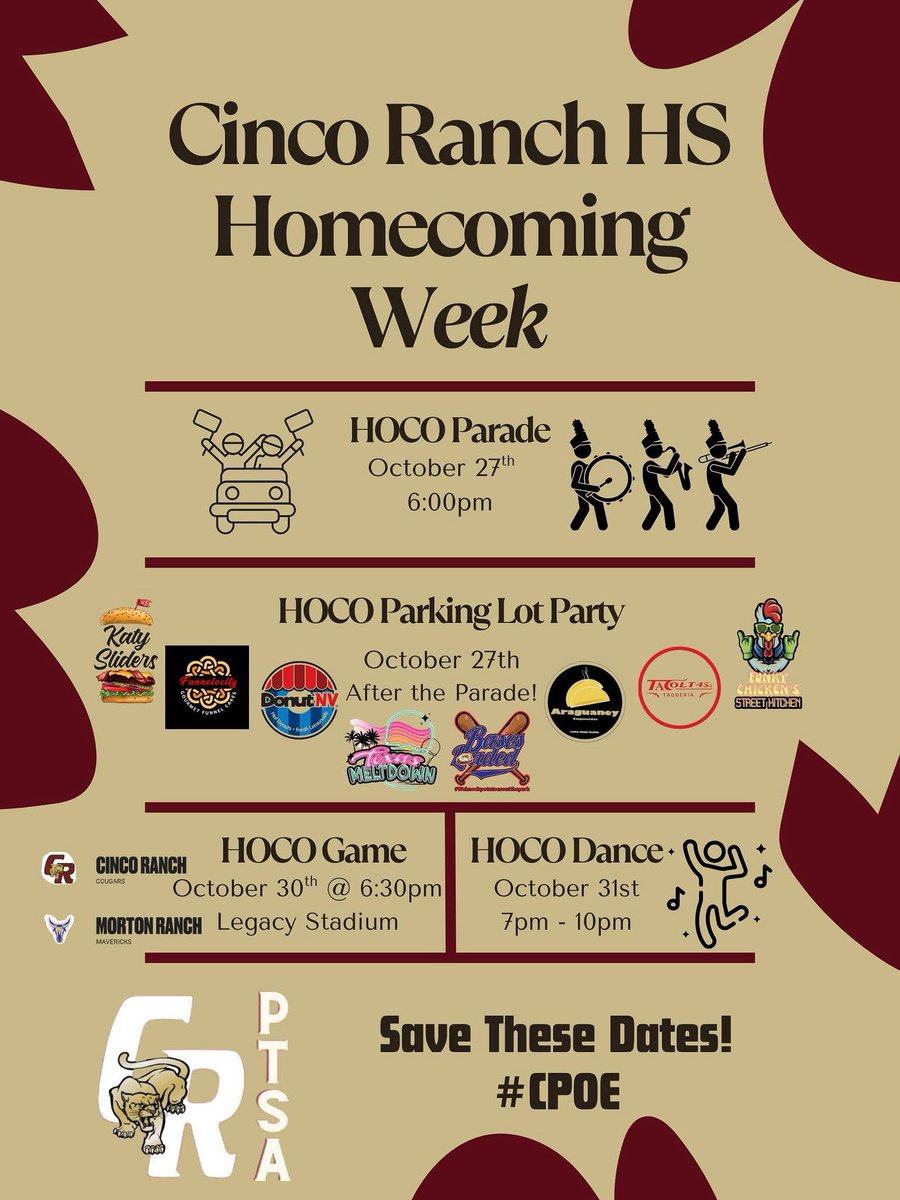 SAVE THESE DATES!!!!! #CPOE 

We hope to see you at all the CRHS HOCO events! Especially the Parking Lot Party after the Parade! Check out all these amazing food truck vendors 😁