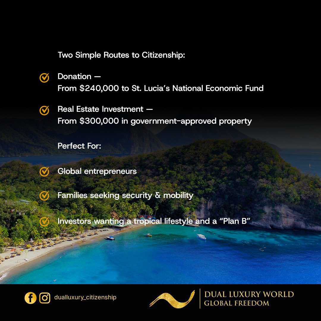 DualLuxury's tweet image. With this second passport  from st Lucia , you’ll be able to:

- Expand your horizons 
- Enjoy a lifestyle of freedom and flexibility
- Explore endless opportunities for personal and professional growth

Get started today!
#CBI #SecondPassport #CaribbeanPassport #Dualluxuryworld