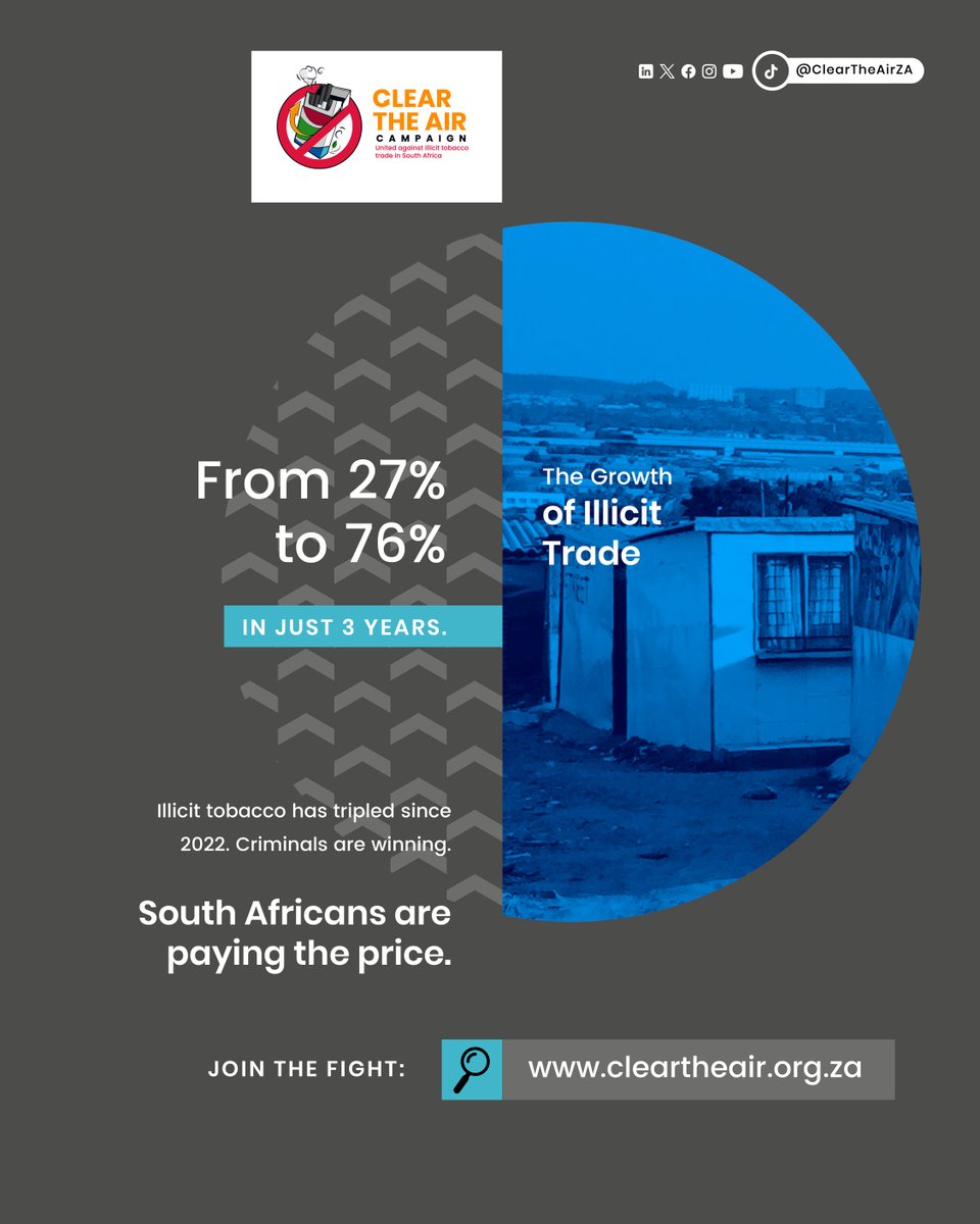✍️ Sign the petition today: cleartheair.org.za/petition/end-i…

Illicit trade in South Africa has tripled since 2022, draining billions from our economy, fueling organised crime, and putting communities at risk.

Cheap, illegal products may seem like a bargain, but the hidden cost is far