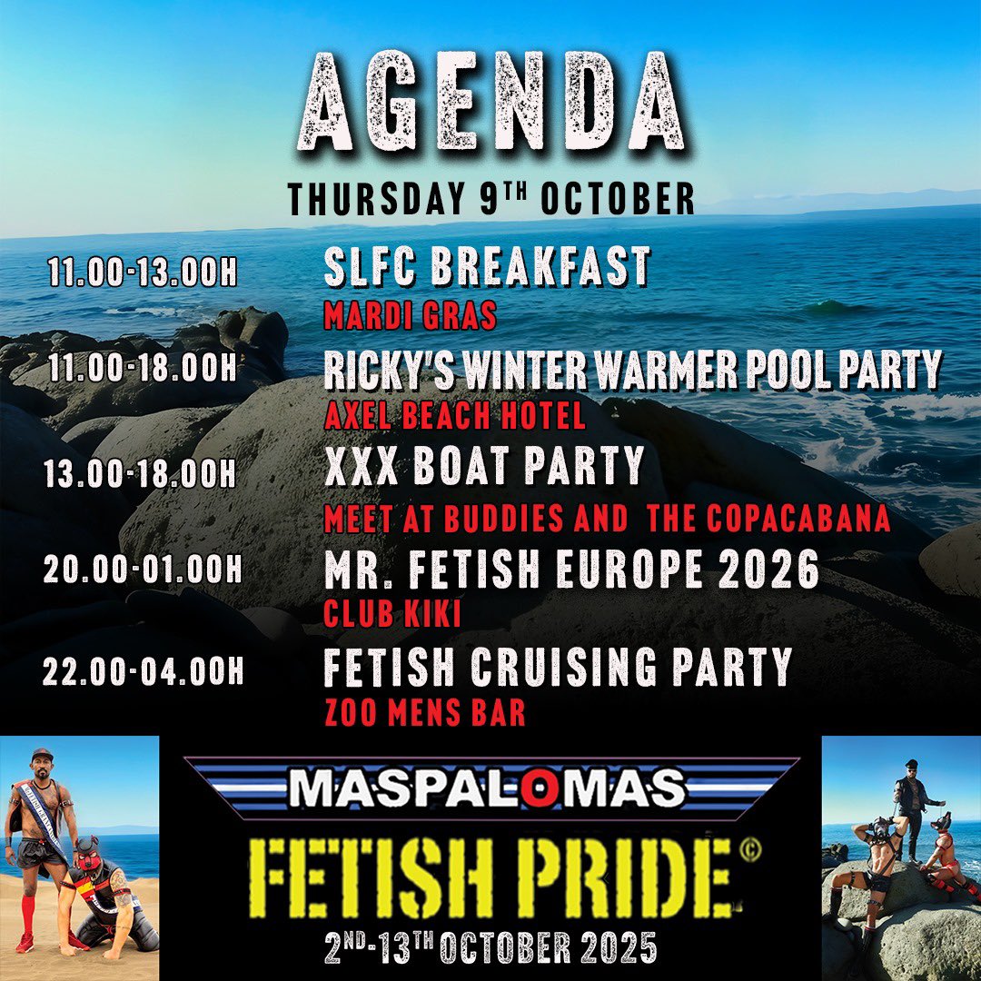The countdown is on! Just one month to go until Maspalomas Fetish Pride 2025 kicks off. We already know what we’ll be doing this time next month - do you know where you’ll be? 

Full agenda + advance tickets now available at 👉 maspalomasfetishpride.com