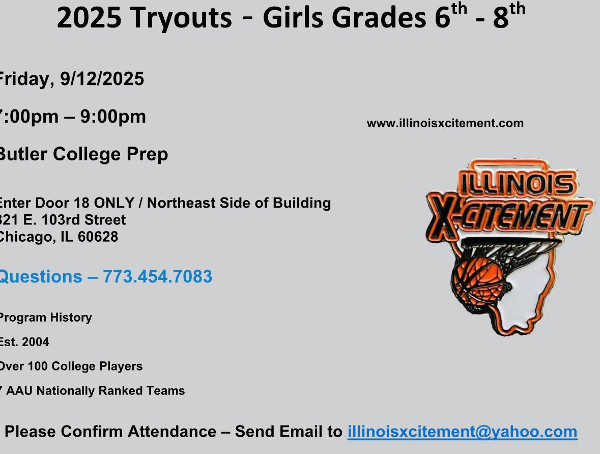 Coach X (@ilxcitement) on Twitter photo 🚨🚨 TRYOUTS‼️ Friday, 9/12/2025 Looking for 6th through 8th graders. 
Send email to illinoisxcitement@yahoo.com  to confirm spot.
#ILXCITEMENT 
#PrettyGirlzBallToo💅🏽 
#playwithXCITEMENTordontplayatall 
#everygoodtimehassomeXCITEMENT 
#WeeeeeeeeeEat 👀🏀💉😅😂💯🔑 
#WEareEPIC💫 🚨🚨 TRYOUTS‼️ Friday, 9/12/2025 Looking for 6th through 8th graders. 
Send email to illinoisxcitement@yahoo.com  to confirm spot.
#ILXCITEMENT 
#PrettyGirlzBallToo💅🏽 
#playwithXCITEMENTordontplayatall 
#everygoodtimehassomeXCITEMENT 
#WeeeeeeeeeEat 👀🏀💉😅😂💯🔑 
#WEareEPIC💫