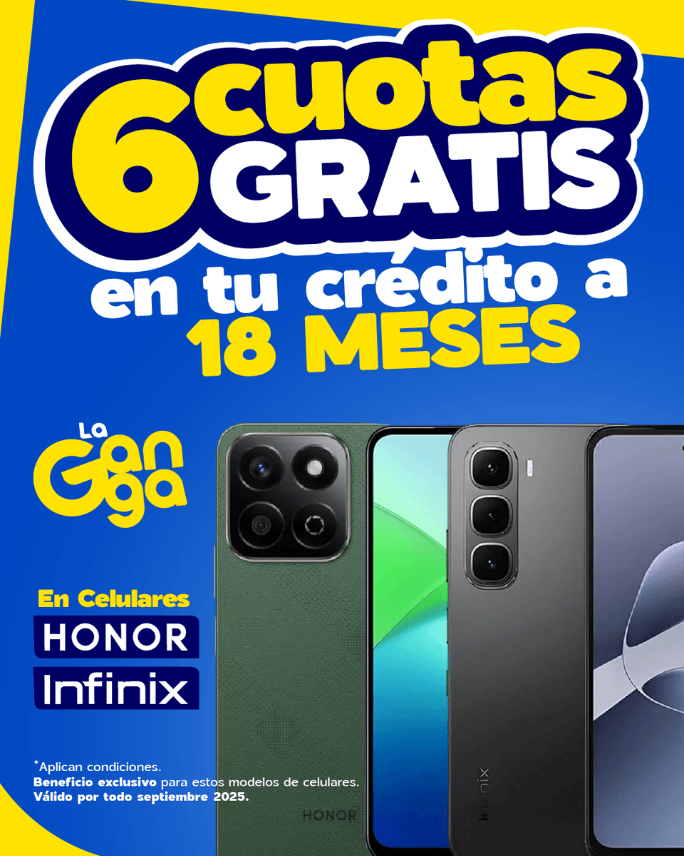 LaGangaEC's tweet photo. ¡La promo que sí vale la pena!.
👉6 cuotas GRATIS en tu crédito a 18 meses.
Solo en celulares HONOR e Infinix. Disponible en #LaGanga.
Aplica para estos modelos (HONOR X7C, CELULAR HONOR X6C, CELULAR INFINIX HOT, CELULAR INFINIX SMART) https://t.co/rTbZCmsRRz