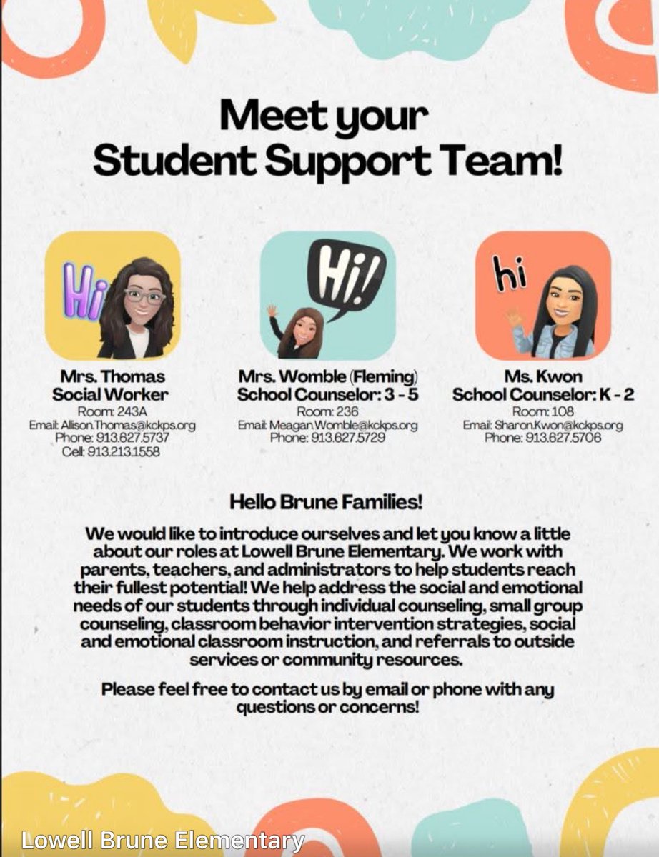 In support of Suicide Awareness Month, we want to remind you about Lowell Brune's Student Support Team! Our social worker and counselors are here to support the social and emotional needs of our students. Please reach out to them if you have any concerns regarding your student!