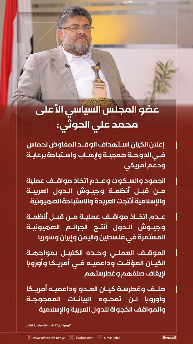 🟥 عضو المجلس السياسي الأعلى محمد علي الحوثي:

♦️ ‌‌‌‌إعلان الكيان استهداف الوفد المفاوض لحماس في الدوحة همجية وإرهاب واستباحة برعاية ودعم أمريكي
♦️ ‌‌‌‌الجمود والسكوت وعدم اتخاذ مواقف عملية من قبل أنظمة وجيوش الدول العربية والإسلامية أنتجت العربدة والاستباحة الصهيونية
♦️ ‌‌‌‌عدم