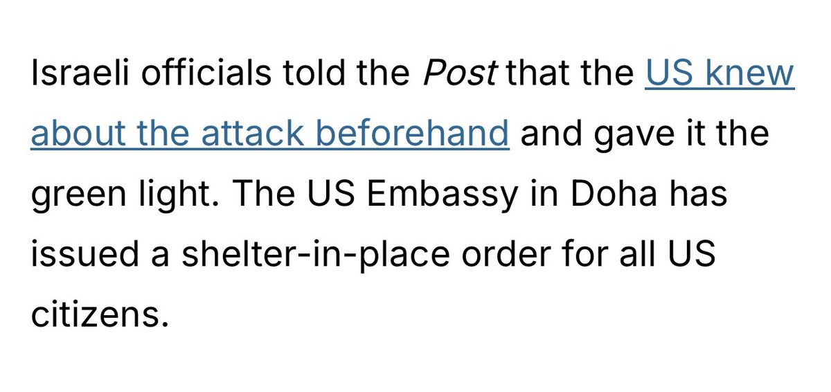 2 days ago, Trump issued a short proposal and warning designed to compel Hamas’ exiled leadership to gather in Doha

Hamas said at the time, “It looks like [Trump’s proposal] was written by the Israelis” 

When Hamas met today in Doha, US air defenses in Qatar stood down