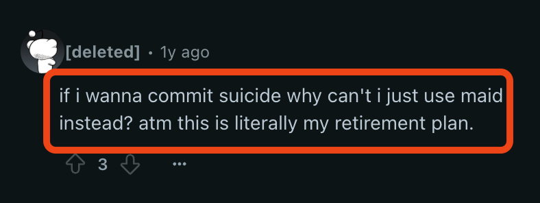 🚨 TRAGIC 🚨 For some in Canada, suicide via MAID becomes a retirement plan idea 👀

WTF 👇 https://t.co/44ZWSp8rvj
