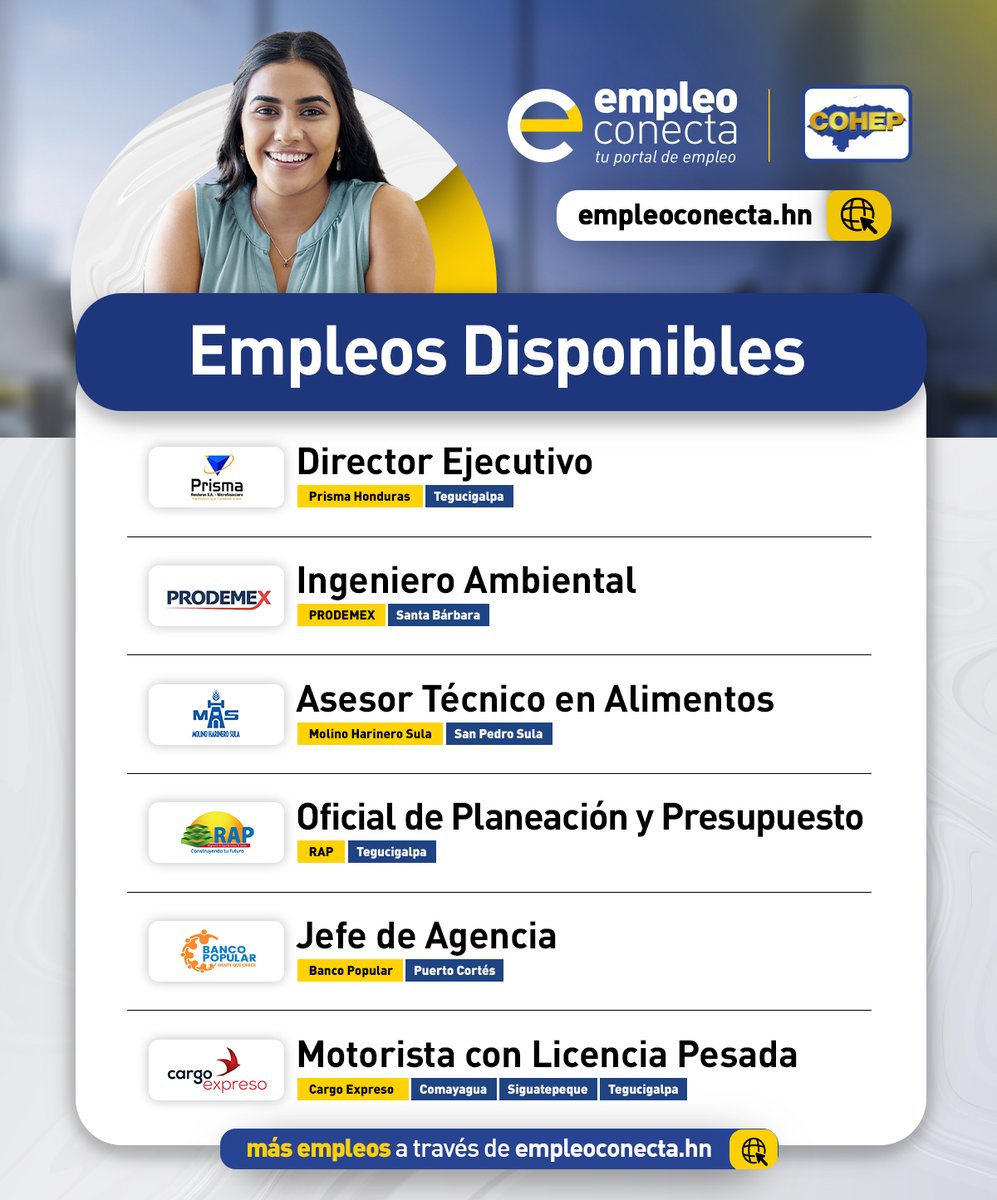 ¡Oportunidades de empleo a nivel nacional en empleoconecta.hn! 💼

A través de EmpleoConecta.hn, puedes acceder a múltiples vacantes disponibles en todo #Honduras. ¡Encuentra el trabajo ideal para ti y da el siguiente paso en tu carrera profesional! ✅

🖱️ Ingresa a