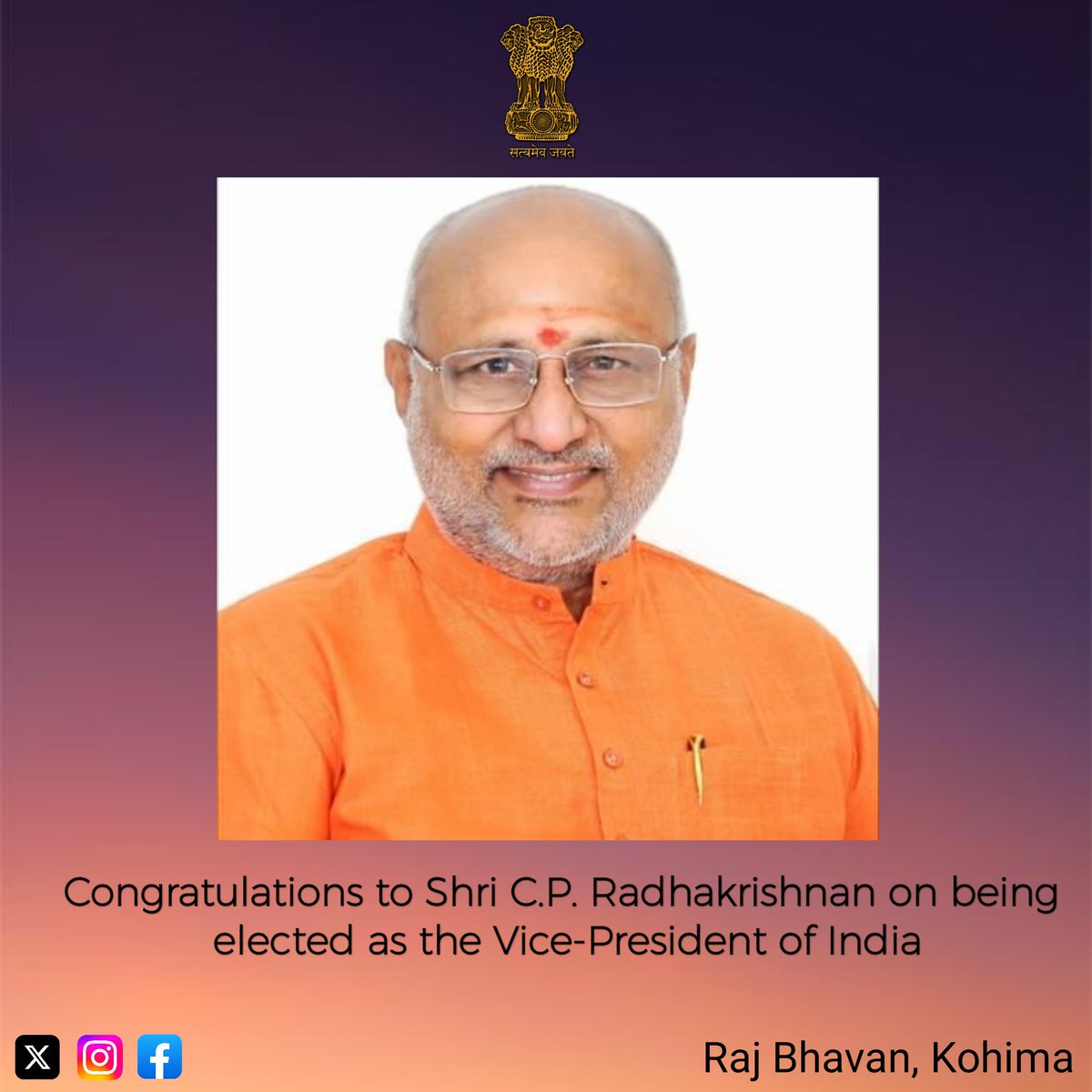 The Hon’ble Governor of Nagaland, Ajay Kumar Bhalla, congratulates Shri C.P. Radhakrishnan <a href="/CPRGuv/">VP Office</a>  on being elected as the Vice-President of India. His vast experience, integrity and dedication to public service will further strengthen the democratic ethos of our nation.