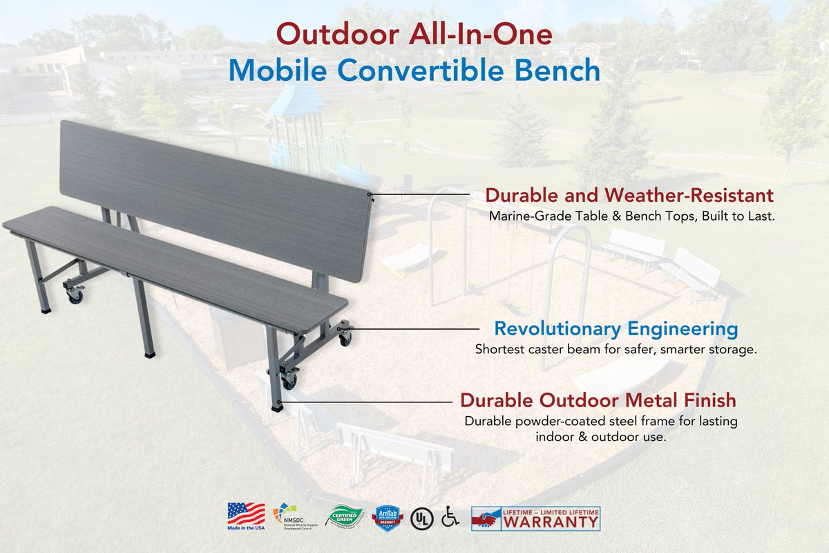 AmTab's tweet image. A Bench for Every Space: Learning Beyond the Classroom 💡

That’s why AmTab designed the Outdoor All-In-One Mobile Convertible Bench, with a versatile design that seamlessly transforms from bench to table. 

Let’s reimagine what outdoor spaces can be.
linktr.ee/amtabmfg
