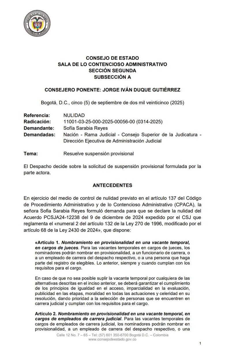 CE suspende provisionalmente los efectos de los artículos 1 y 2 del Acuerdo PCSJA24-12238de 2024 expedido por el Consejo Superior de la Judicatura que estableció los criterios para la provisión de 
cargos en provisionalidad en vacancias temporales
drive.google.com/file/d/15En0Gn…