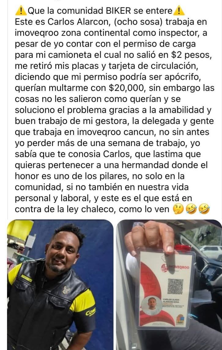 QRAhora's tweet photo. Inspector de IMOVEQROO, señalado por extorsión a transportistas: "Me quiso multar con $20,000 aunque tenía mis papeles en regla" @imoveqroo 

https://t.co/J7Vf0cawyF https://t.co/1TMwiDbPlt