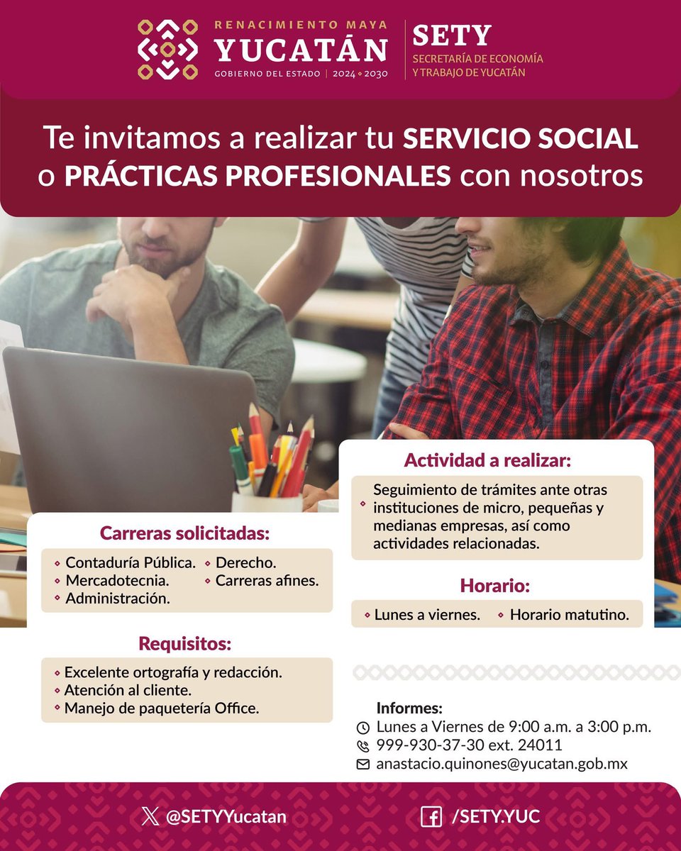 Si buscas una experiencia de servicio social que impulse tu desarrollo profesional, acércate a la #SETY. 💡

💼 ¡Súmate al equipo que está transformando Yucatán!
📩 Más información: anastacio.quinones@yucatan.gob.mx
¡Te esperamos! 🚀

#RenacimientoMaya #SETY