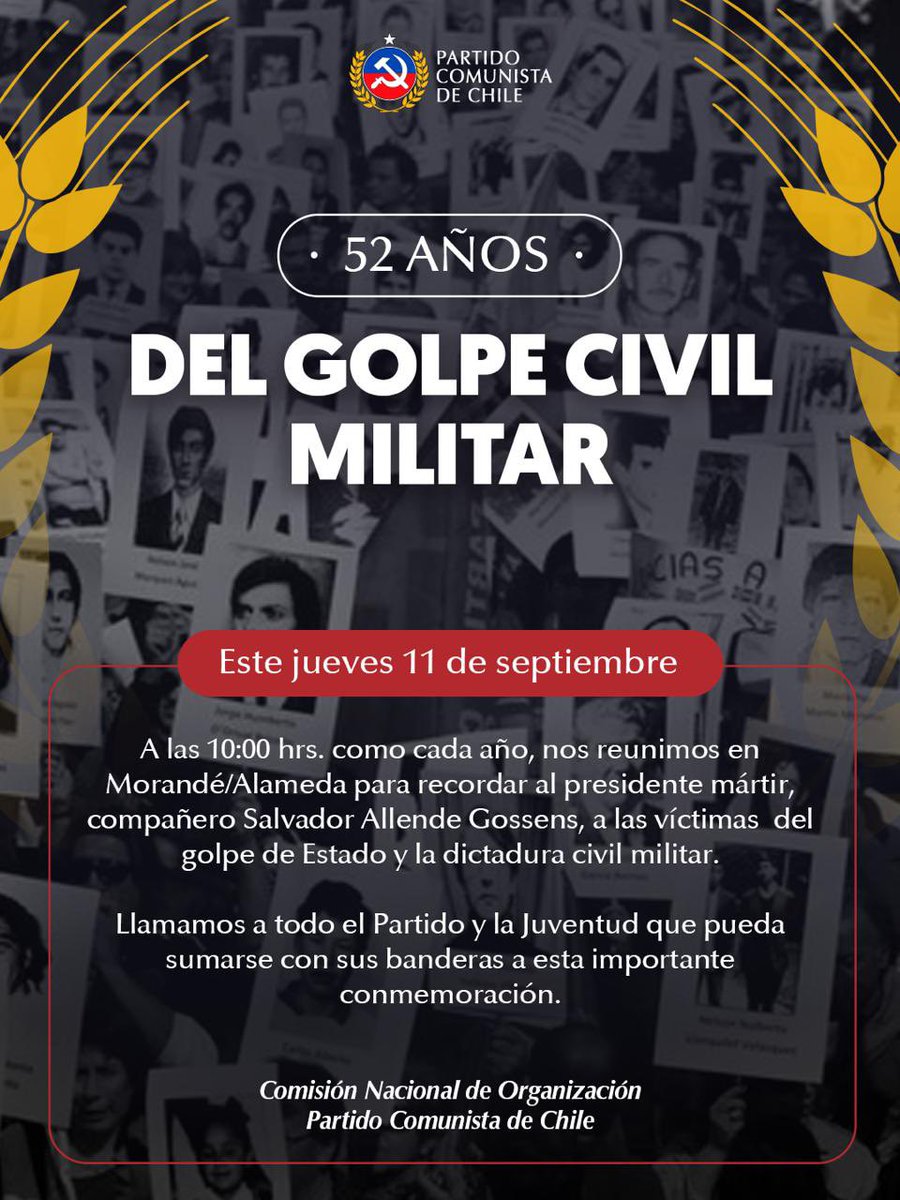 👉🏻 Este jueves 11 de septiembre se cumplen 52 años del golpe de Estado y el inicio de la dictadura civil-militar.
Homenajeamos el legado del presidente mártir Salvador Allende Gossens.

📍 Punto de encuentro: Alameda con Morandé

🕙 10:00 horas