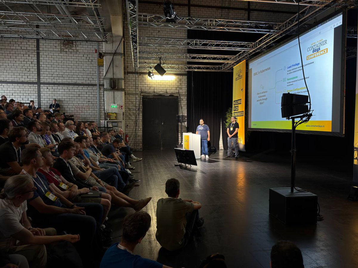 Kubermatic's tweet image. Huge shout-out to Mohamed Rafraf @Kubermatic &amp;amp; Rafik Harabi @sysdig for an incredible session on #KubernetesSecurity to close out the day! 🔥
