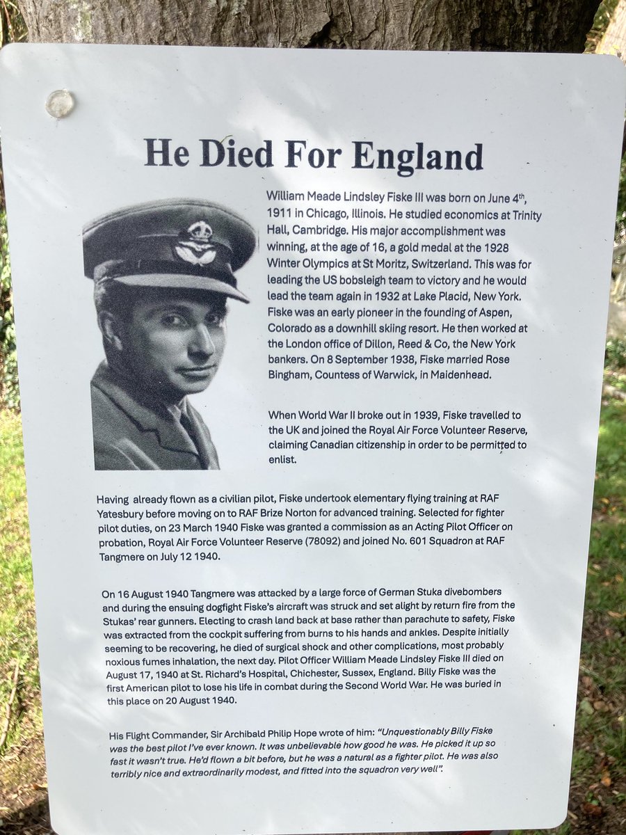 Billy Fiske is buried in St Mary and St Blaise churchyard in Boxgrove, Sussex. The inscription on his gravestone reads simply: He died for England. Special thanks to our good friend, Mark James, for personally maintaining Billy’s grave. #SaveTangmereTower #BillyFiske #USABobsled
