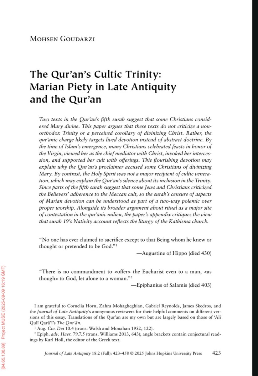 Hasan Adnan (@hasan6747) on Twitter photo New article by <a href="/MohsenGT/">Mohsen Goudarzi</a> "The Qur'an Cultic Trinity: Marian Piety in Late Antiquity and the Qur'an" really enjoyed reading it and highly recommend it :)
muse.jhu.edu/pub/1/article/… New article by <a href="/MohsenGT/">Mohsen Goudarzi</a> "The Qur'an Cultic Trinity: Marian Piety in Late Antiquity and the Qur'an" really enjoyed reading it and highly recommend it :)
muse.jhu.edu/pub/1/article/…