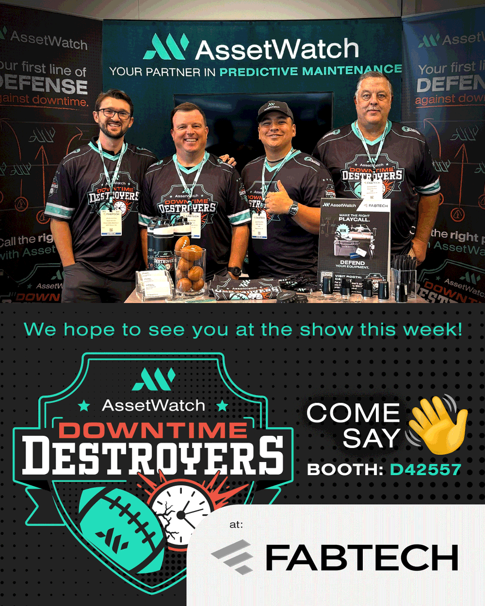 GoAssetWatch's tweet image. The Downtime Destroyers are in the building at @fabtechexpo. Come say hi at booth D42557, meet the team behind the tech, and see how turnkey #conditionmonitoring can be the ultimate defense for your team. 

#FABTECH #FABTECH2025 #Metal #Finishing #Manufacturing #Reliability