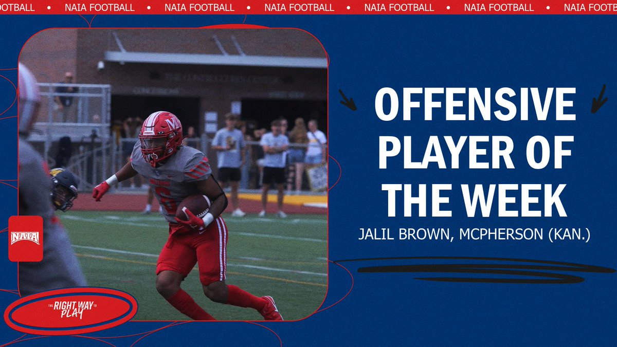Jalil Brown of <a href="/MAC_Bulldogs/">McPherson Athletics</a> has been named the <a href="/NAIA/">NAIA</a> Football Offensive Player of the Week! #KCACfb #NAIAFootball #TheRightWayToPlay

kcacsports.com/news/2025/9/9/…

<a href="/NAIAFBALL/">NAIAFBALL</a>