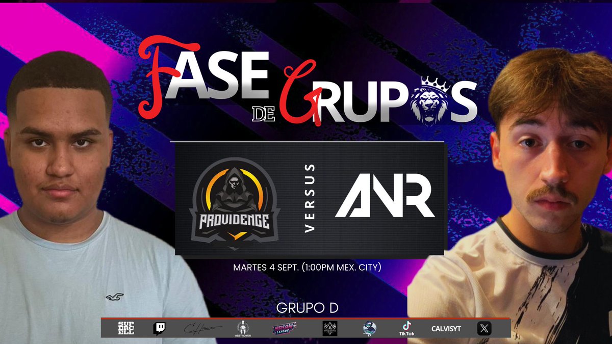 ⚪️𝙁𝘼𝙎𝙀 𝘿𝙀 𝙂𝙍𝙐𝙋𝙊𝙎 #S1
⚫️Grupo D | Jornada 1 🗽

🇦🇷 <a href="/Providence_CR/">Prov1dence Esports</a> 🆚️ <a href="/ANR_eSports/">ANR eSports team</a> 🇫🇷
⏰️Martes 4 sept. (1:00PM Mex. City)

¡Desde del sur de Latam, Providence Esports, versus los europeos de francia, Anarchy Esports! ¿Quién se llevará estos puntos vitales? 🤺🔝
