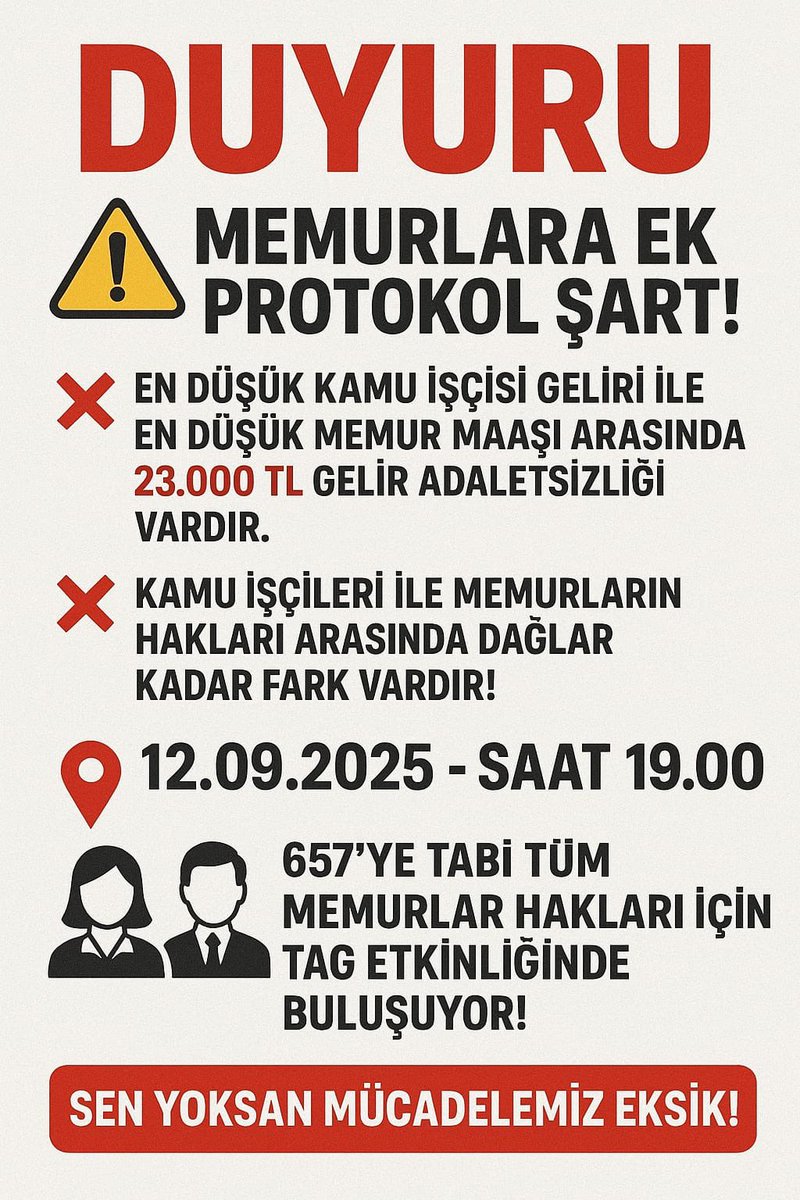 📢 SENDİKALAR MEMURLARI SUSTURABİLECEKLERİNİ SANDI‼️

🗓12.09.2025 (CUMA)
⏰19.00-X etkinliğimiz başlıyor!

#memurusattınız

💥 Memur yoksulluk içinde
💥 Maaşlar yetersiz
💥 Geçim mümkün değil

Biz kimsenin kazancına göz dikmiyoruz.
Ama memur da hakkıyla yaşayacak maaş istiyor!