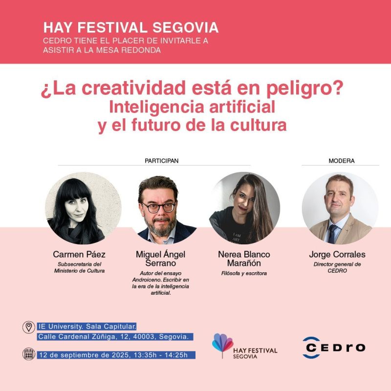 Si están ustedes por Segovia este viernes, pásense a ver esta mesa redonda sobre IA y creatividad. Spoiler: mejor usar el cerebro.