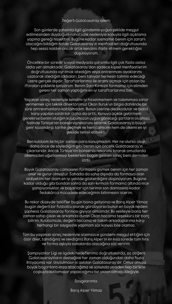 Bence bu açıklama yeterli. Her şeyi detaylıca anlatmış, çıkan haberlerin doğru olmadığını kimseyle tartışmadığını belirtmiş. Çıktığı ilk maçta yoğun destekle tekrardan performansını ve moralini optimum seviyeye çıkarmamız gerekiyor. Affettiniz mi ?
Barış Alper Yılmaz
