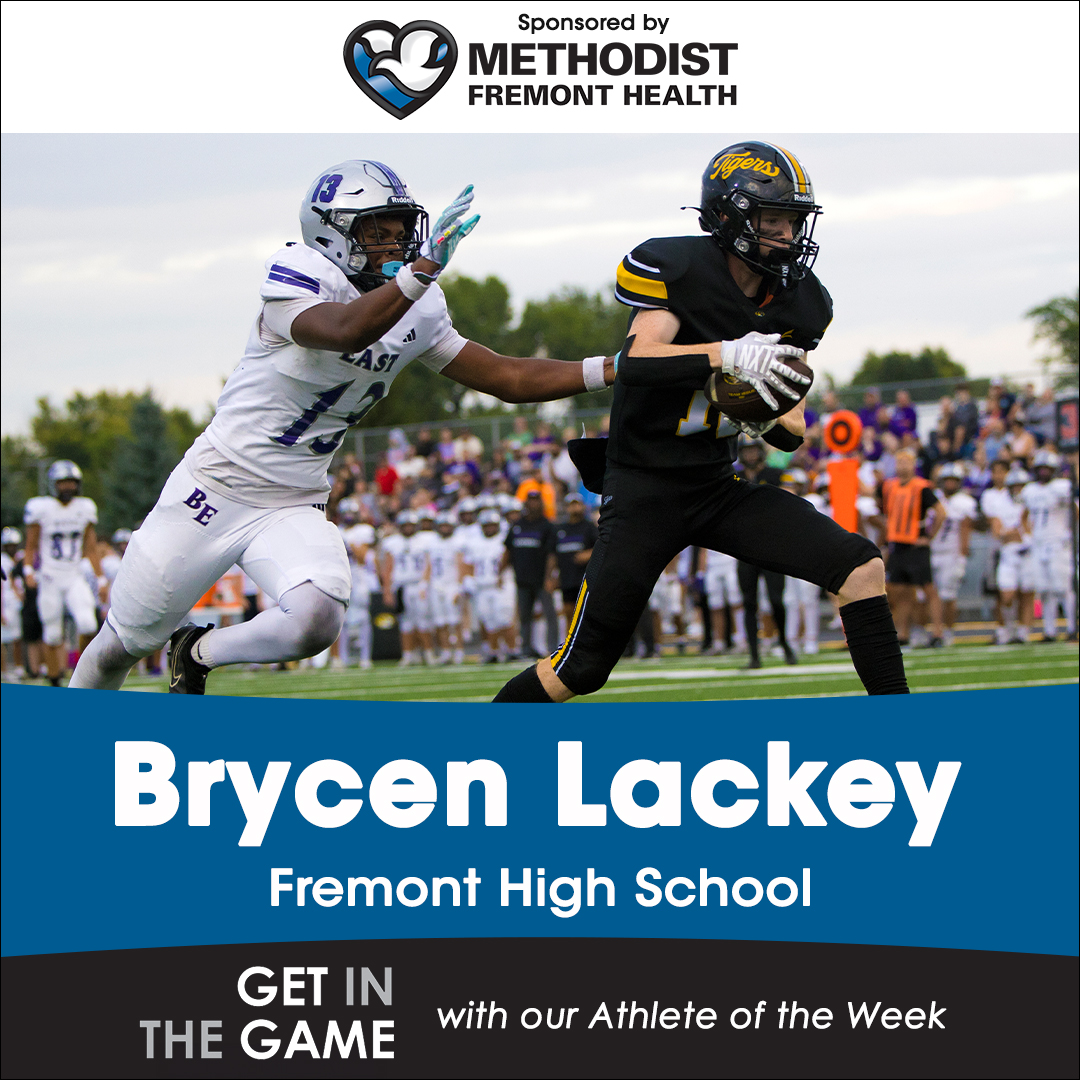 Congratulations to Fremont wide receiver Brycen Lackey, our Athlete of the Week! The junior recorded the first TD in Dillon Stadium history, hauling in a 28-yard touchdown pass in the first quarter of the Tigers 40-7 win over Bellevue East. <a href="/FHS_tigerfb/">Fremont Tiger Football</a> <a href="/fhstigersports/">FHS ACTIVITIES</a> #nebpreps