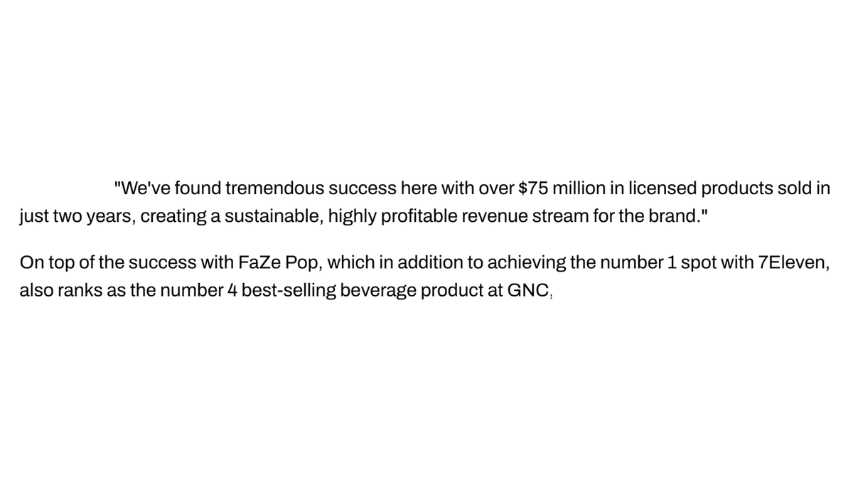 Recently $REKT partnered with <a href="/FaZeEsports/">FaZe Esports</a>.

The last FaZe beverage was #1 seller in 7Eleven and #4 at GNC. 

FaZe branded products did $75M+ in revenue.  $40-50M of that likely from the beverage.

@RektDrinks is about to make $40M+ from 1 product.

You are not bullish enough.